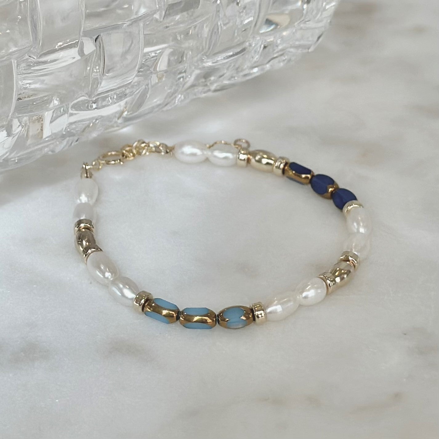 Peacock - Pearl and Gold Edge Porcelain 14K Gold-Filled Beaded Bracelet