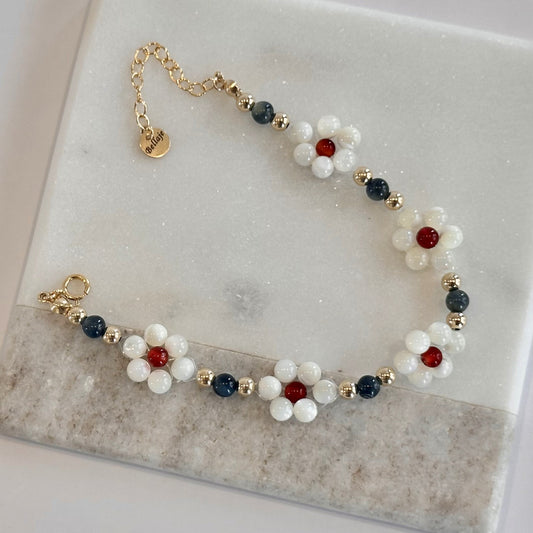 Daisy - Mother of Pearl, Tiger's Eye, and Red Onyx Gold Filled Beaded Bracelet