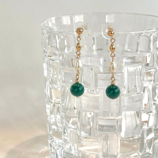 Malachite - Malachite and Freshwater Pearl 14K Gold-Filled Earrings