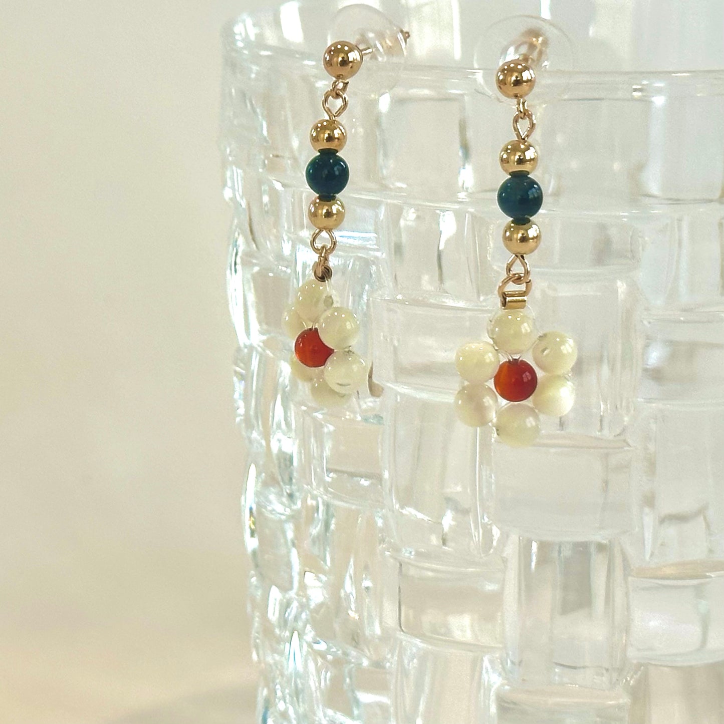 Daisy - Mother of Pearl, Tiger's Eye, and Red Onyx Gold Filled Earrings