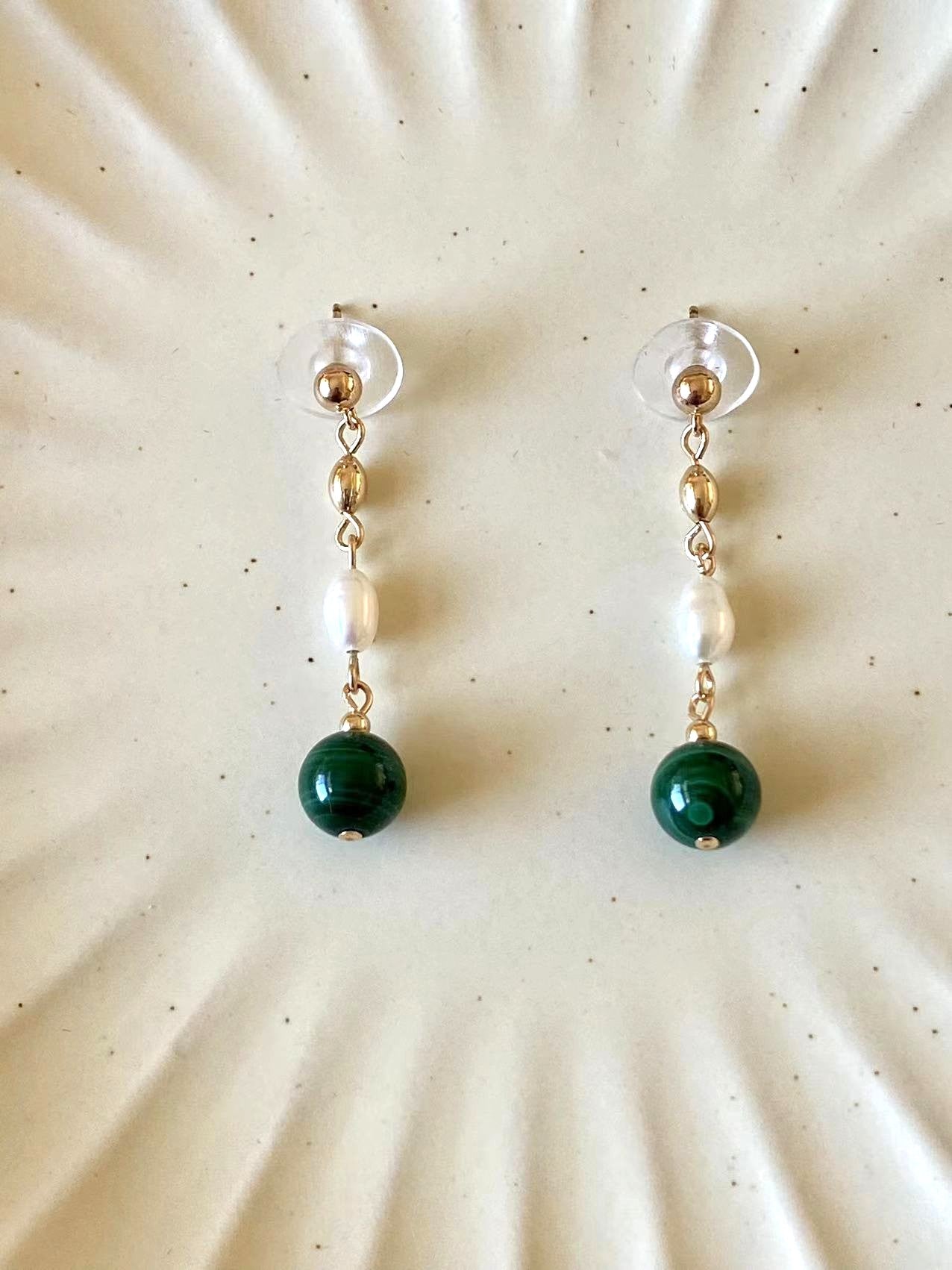 Malachite - Malachite and Freshwater Pearl 14K Gold-Filled Earrings