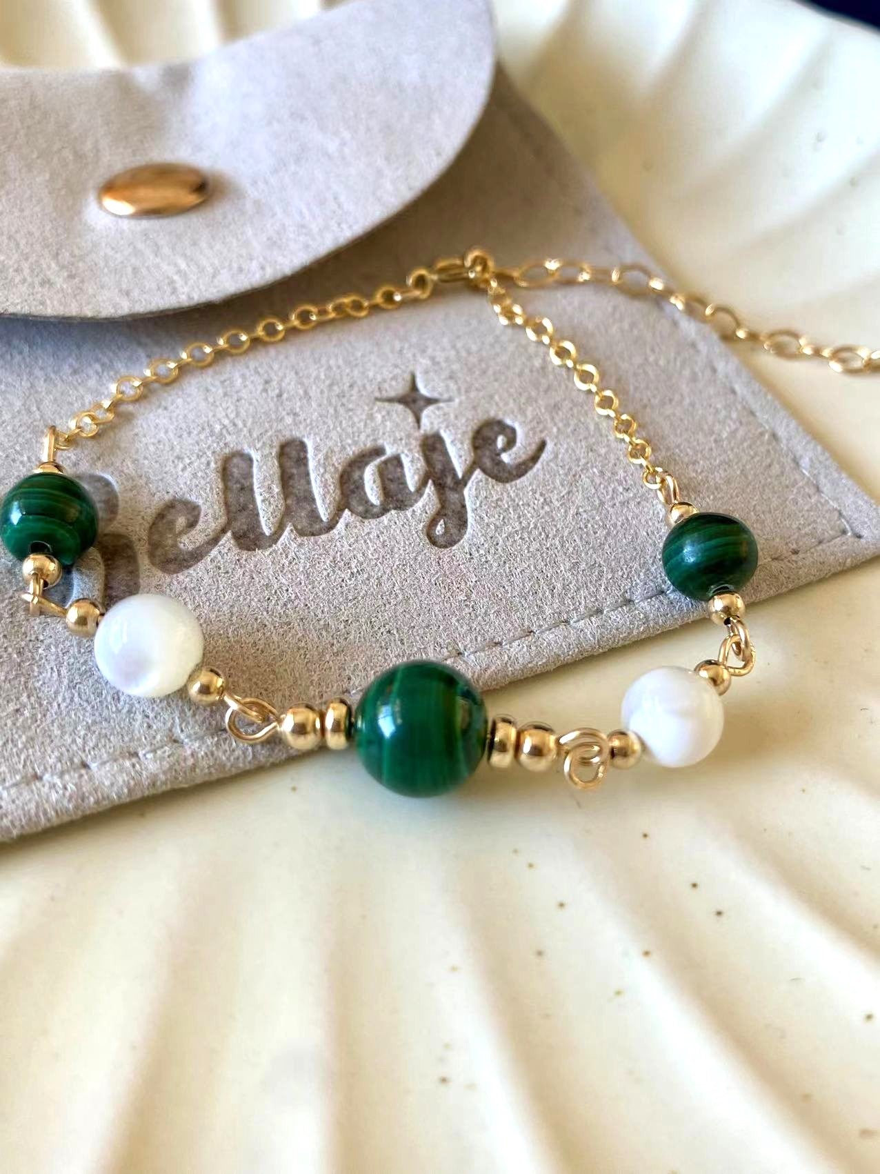 Malachite - Malachite and Mother of Pearl 14K Gold-Filled Bracelet