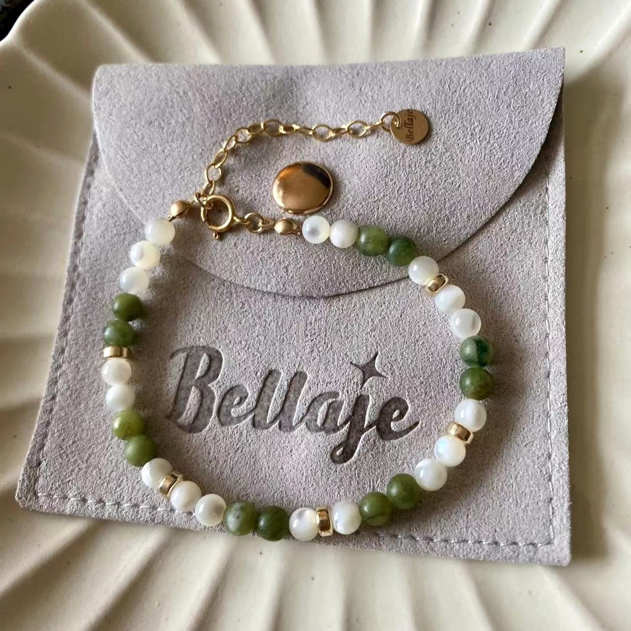 Jade - Jade and Mother of Pearl Beaded Gold Filled Bracelet