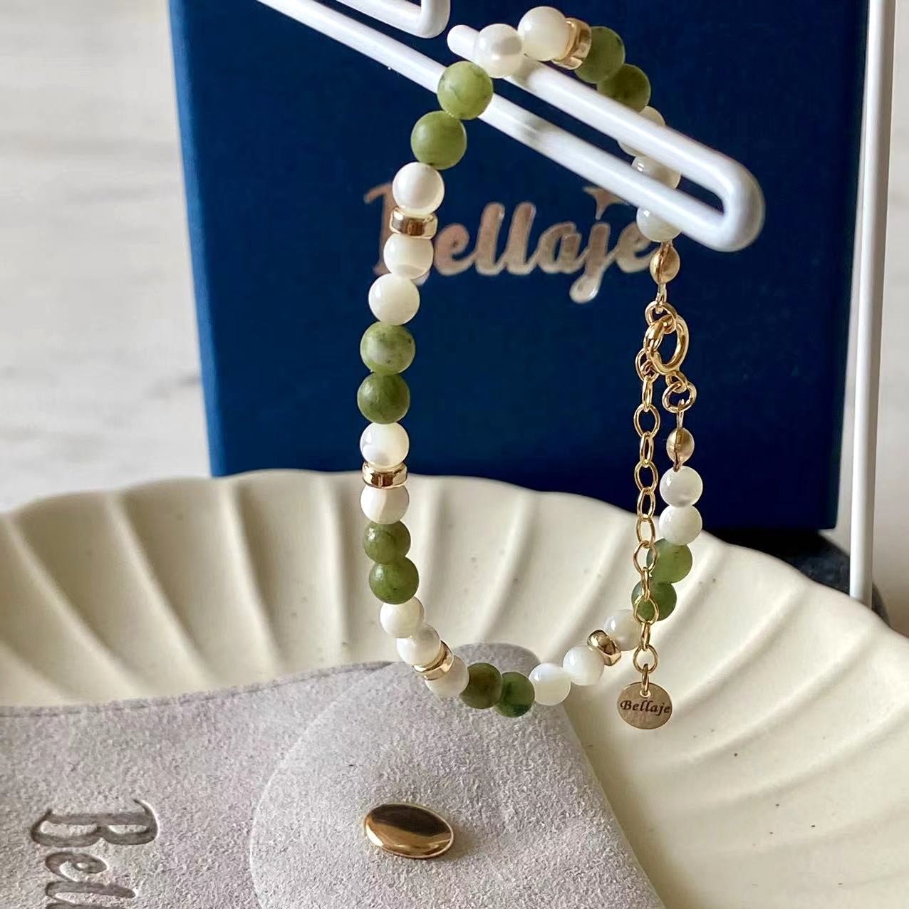 Jade - Jade and Mother of Pearl Beaded Gold Filled Bracelet