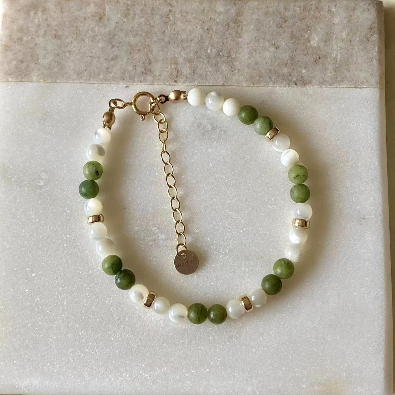 Jade - Jade and Mother of Pearl Beaded Gold Filled Bracelet