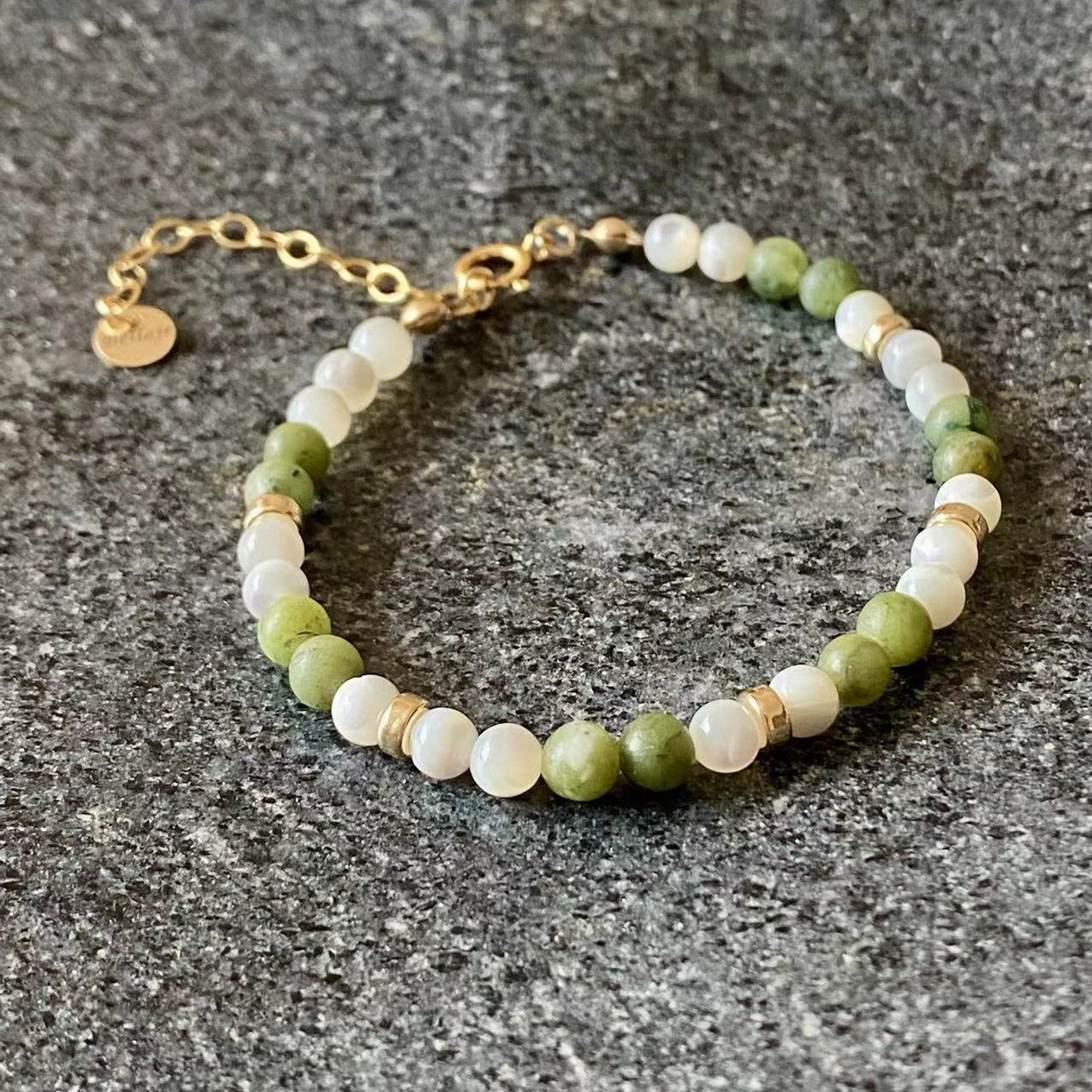 Jade - Jade and Mother of Pearl Beaded Gold Filled Bracelet