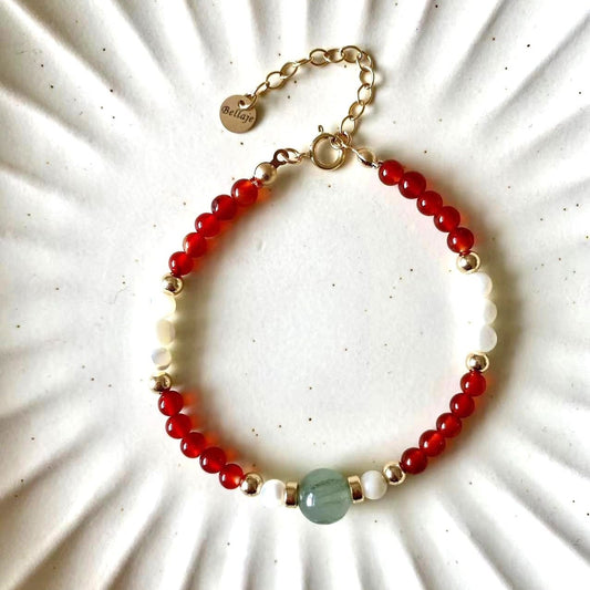 Jade - 8mm Jade and 4mm Red Onyx Beaded Gold Filled Bracelet