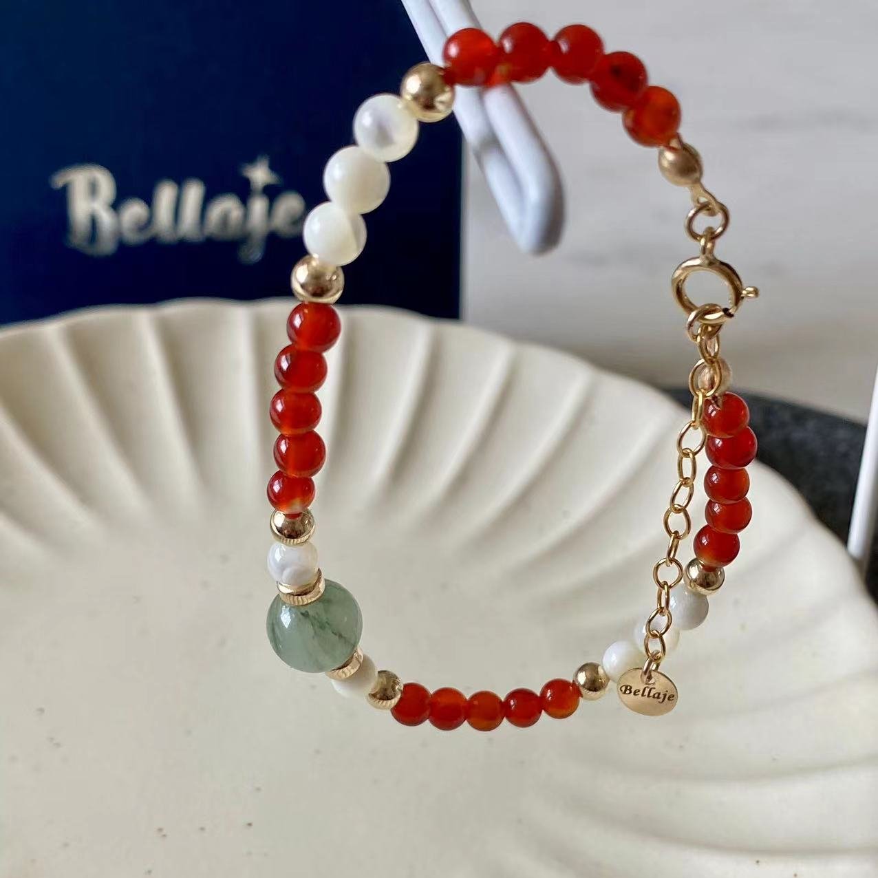 Jade - 8mm Jade and 4mm Red Onyx Beaded Gold Filled Bracelet