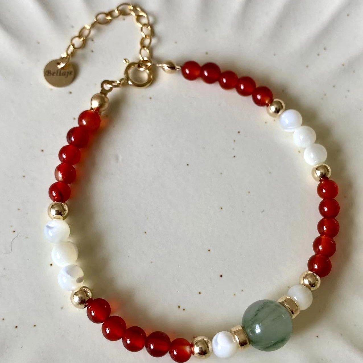 Jade - 8mm Jade and 4mm Red Onyx Beaded Gold Filled Bracelet