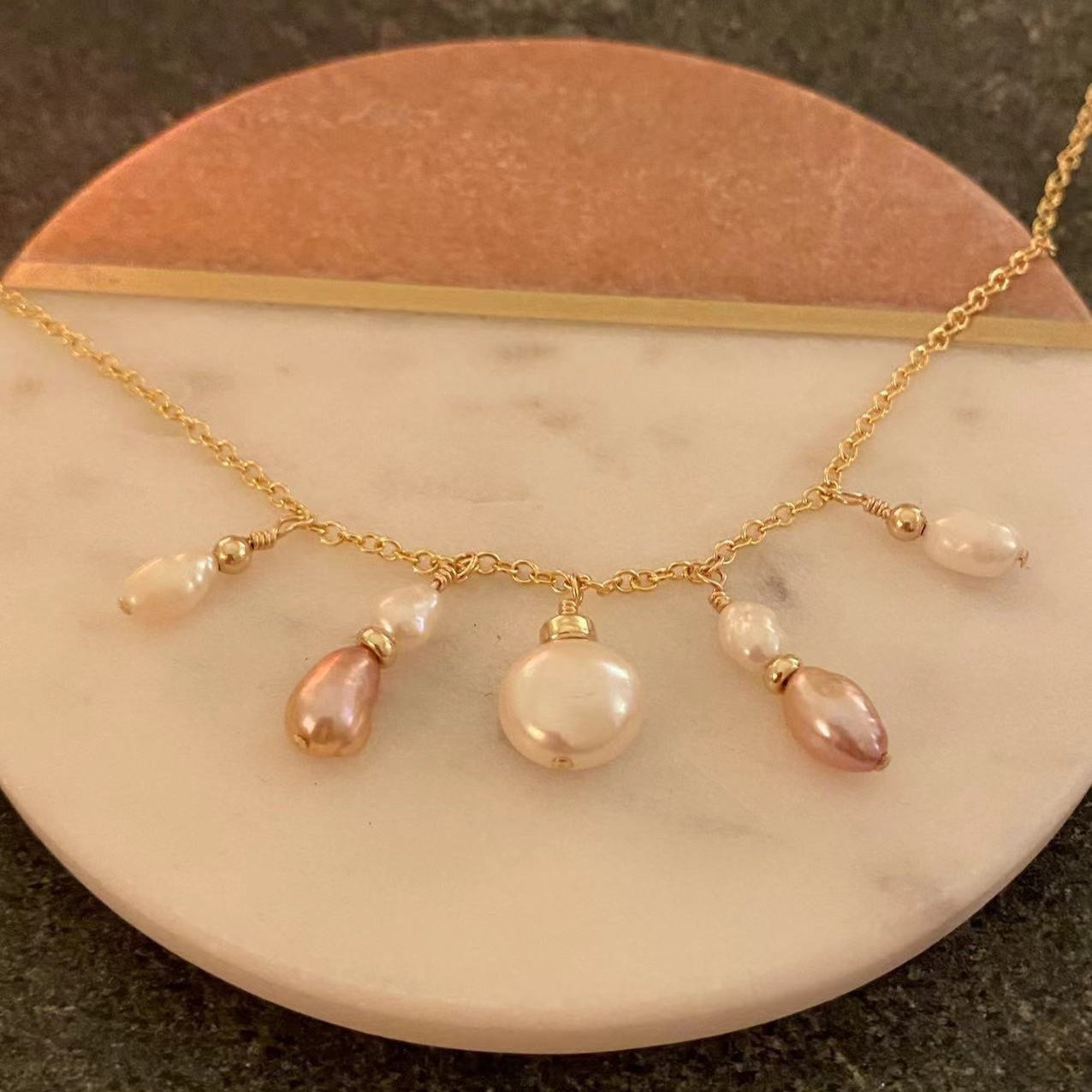 Romance - Pink and Cream Pearl Charm 14K Gold Filled Necklace