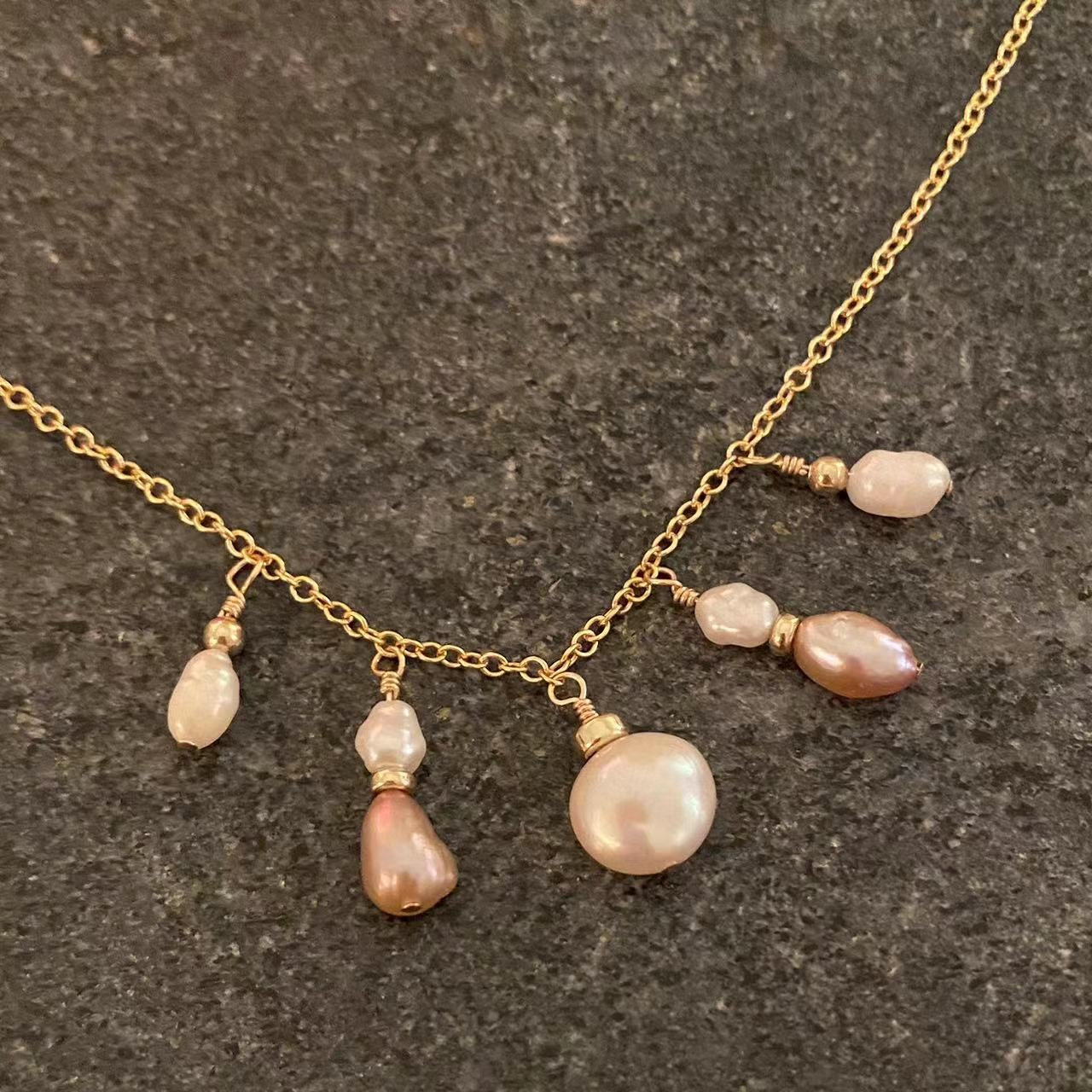 Romance - Pink and Cream Pearl Charm 14K Gold Filled Necklace