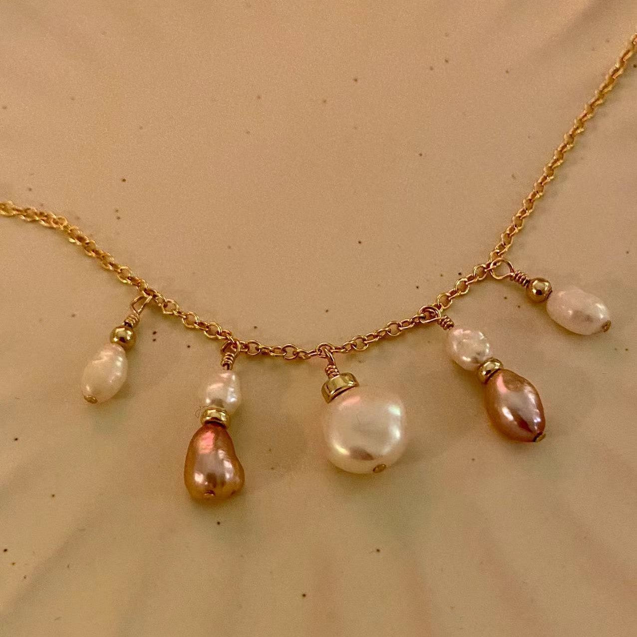 Romance - Pink and Cream Pearl Charm 14K Gold Filled Necklace