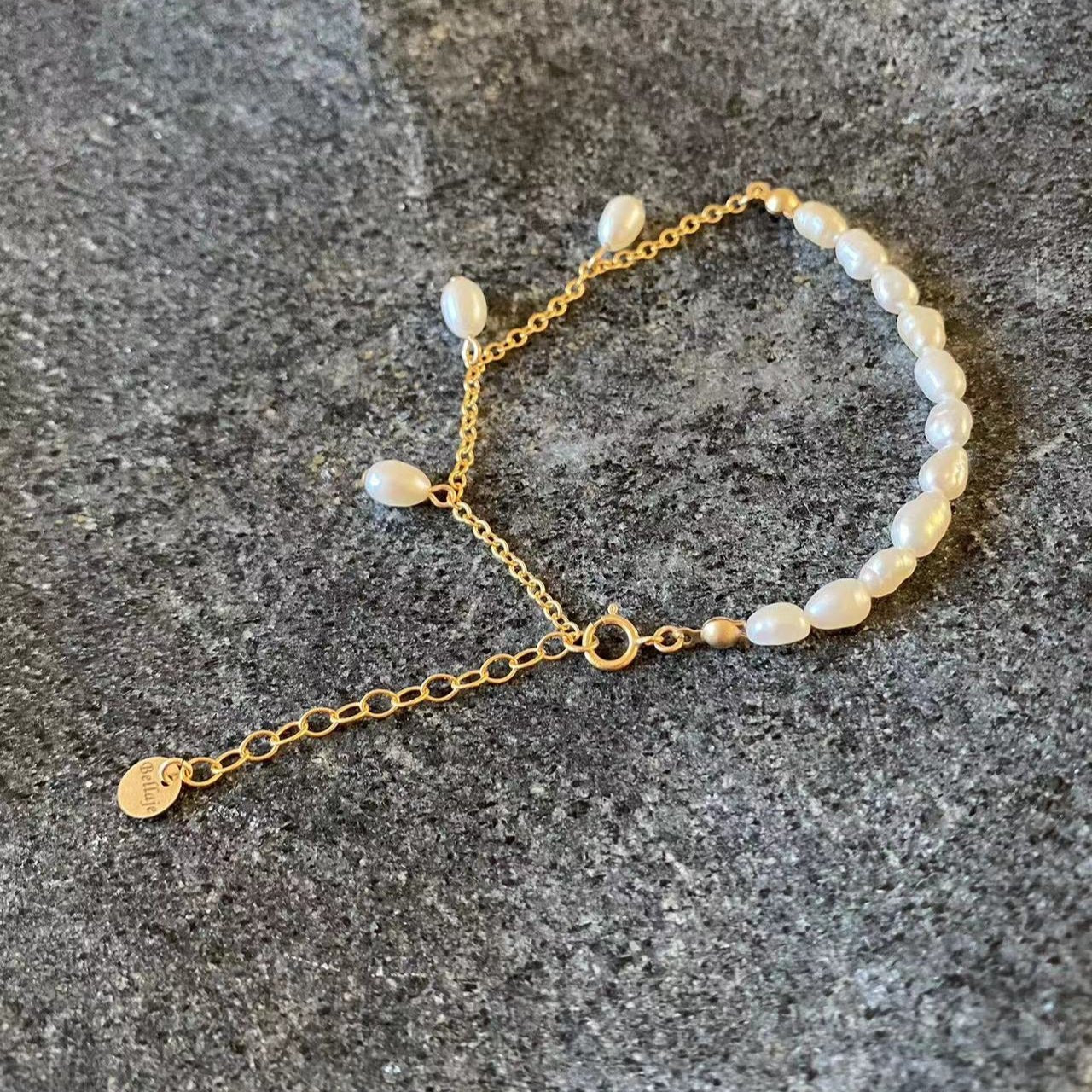 Romance - Beaded & Stationed Natural Pearl Gold Filled Bracelet