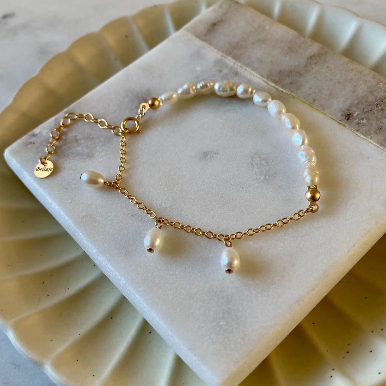 Romance - Beaded & Stationed Natural Pearl Gold Filled Bracelet