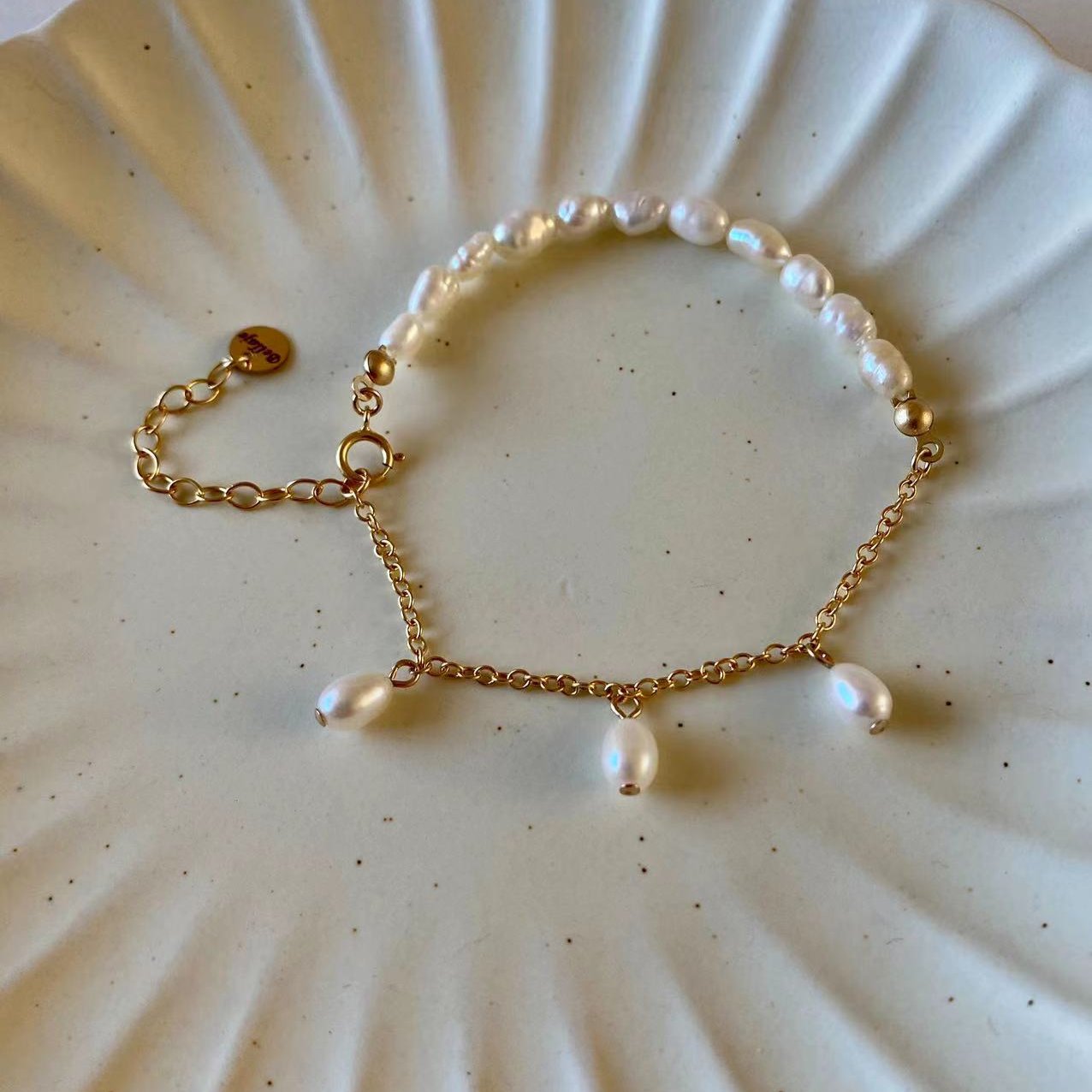 Romance - Beaded & Stationed Natural Pearl Gold Filled Bracelet