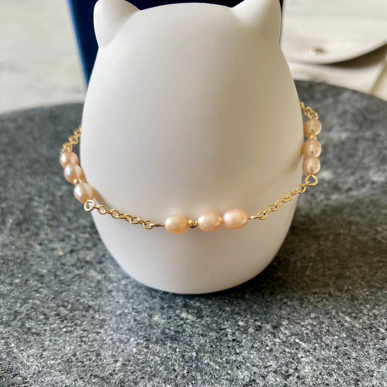 Romance - Freshwater Pink Pearl Station Gold Filled Bracelet