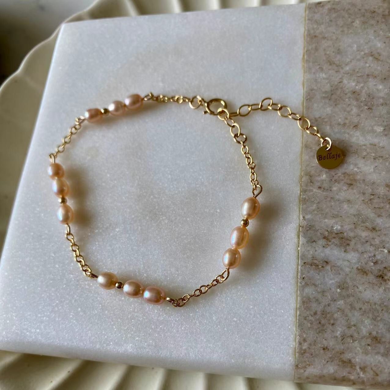 Romance - Freshwater Pink Pearl Station Gold Filled Bracelet