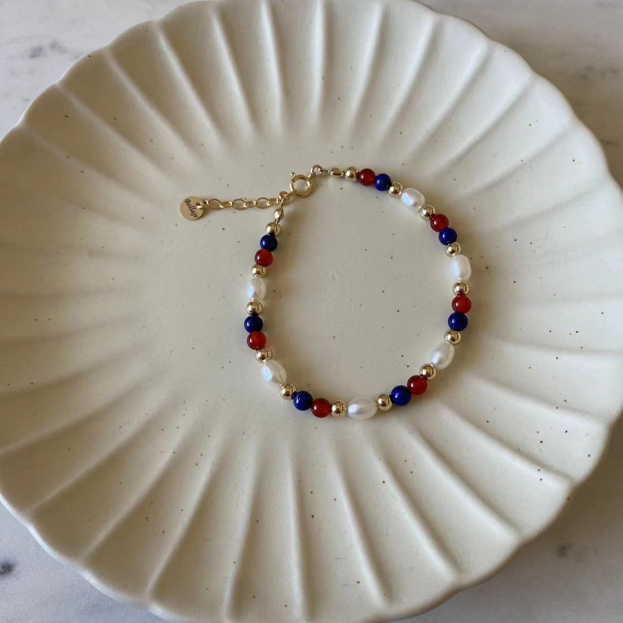 4th July - Lapis, Red Onyx, and 6mm Freshwater Pearl Beaded Gold Filled Bracelet