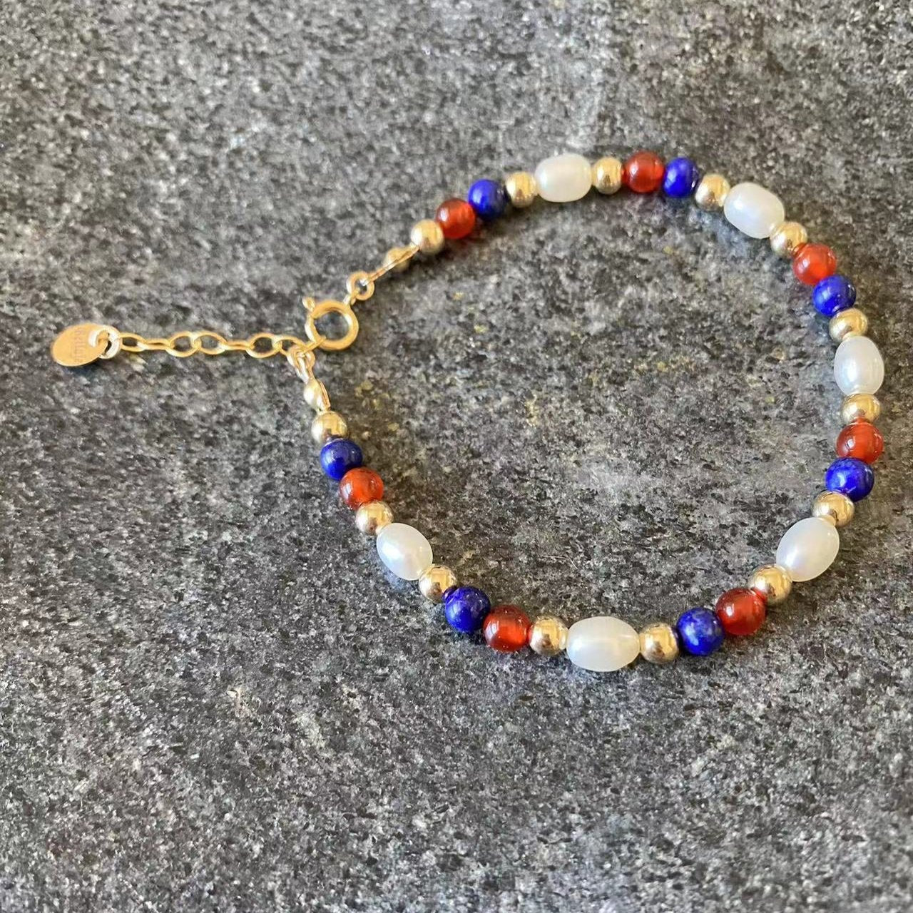 4th July - Lapis, Red Onyx, and 6mm Freshwater Pearl Beaded Gold Filled Bracelet