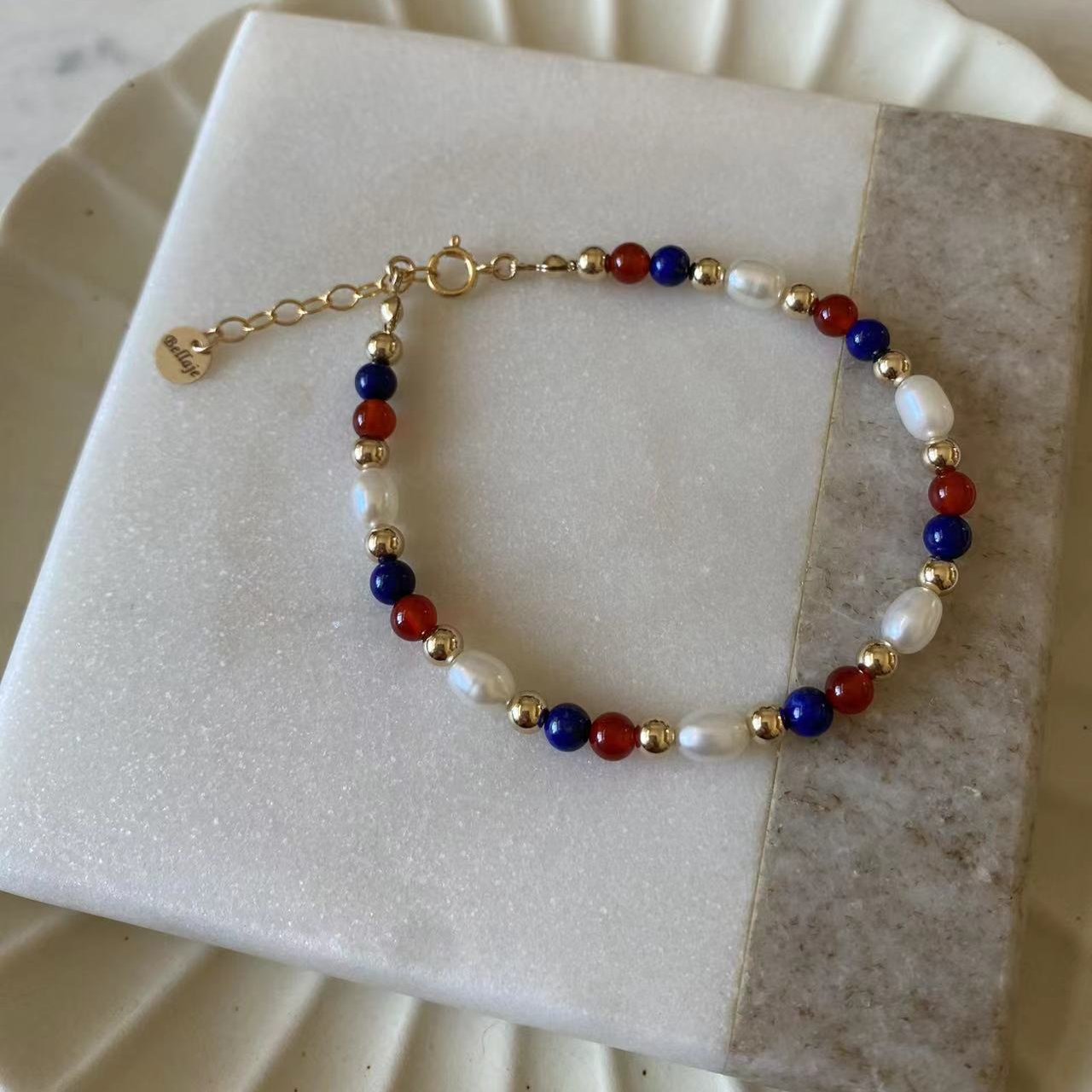 4th July - Lapis, Red Onyx, and 6mm Freshwater Pearl Beaded Gold Filled Bracelet