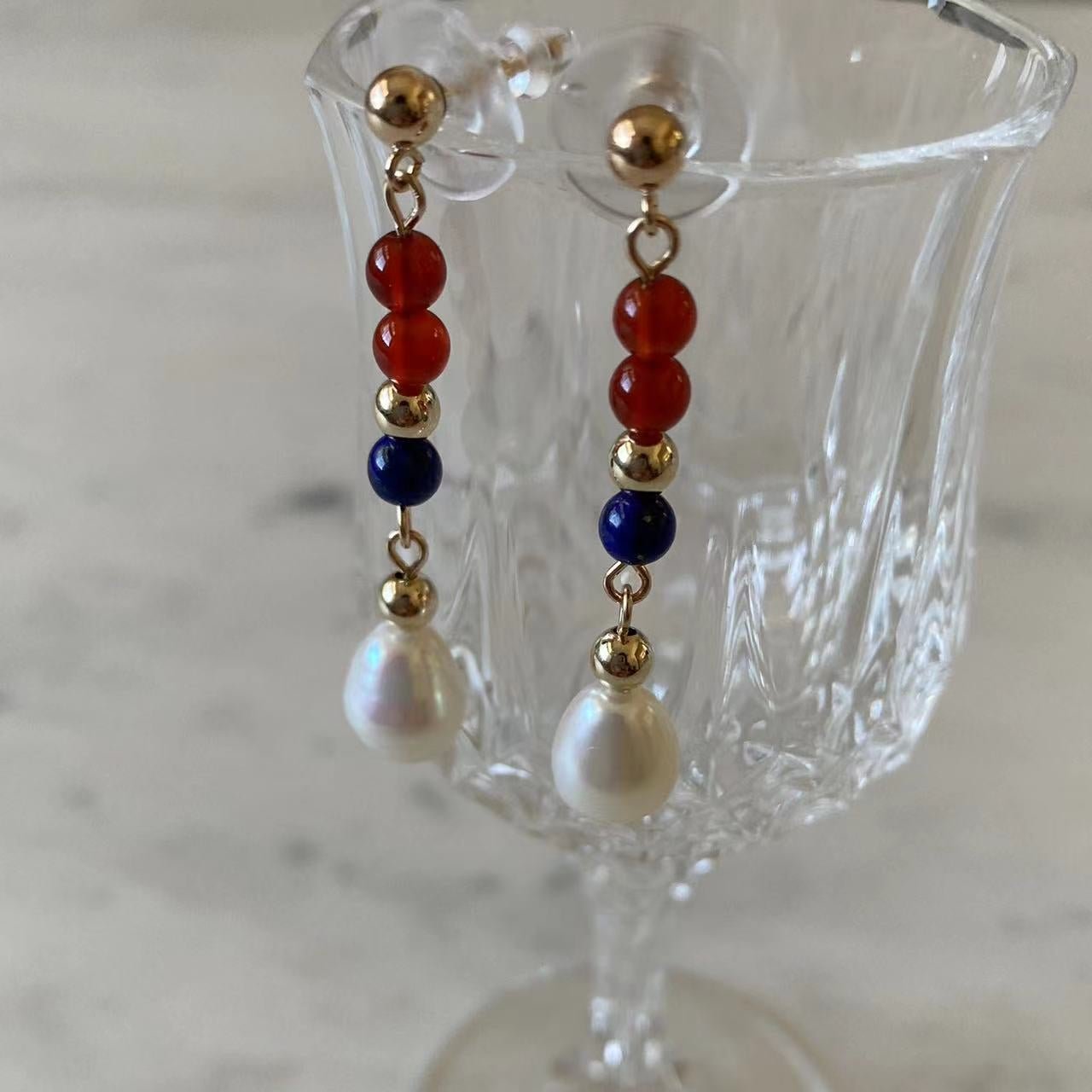 4th July - Lapis, Red Onyx, and 10mm Freshwater Pearl Gold Filled Earrings