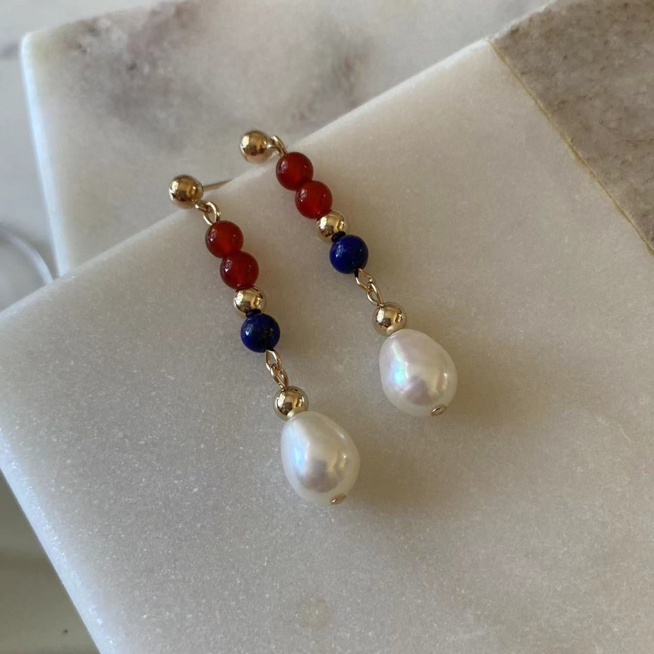 4th July - Lapis, Red Onyx, and 10mm Freshwater Pearl Gold Filled Earrings