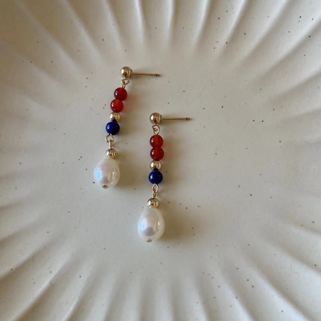 4th July - Lapis, Red Onyx, and 10mm Freshwater Pearl Gold Filled Earrings