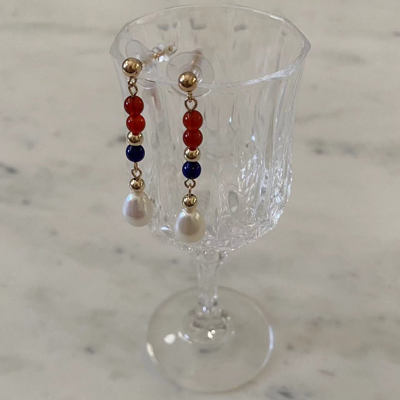 4th July - Lapis, Red Onyx, and 10mm Freshwater Pearl Gold Filled Earrings