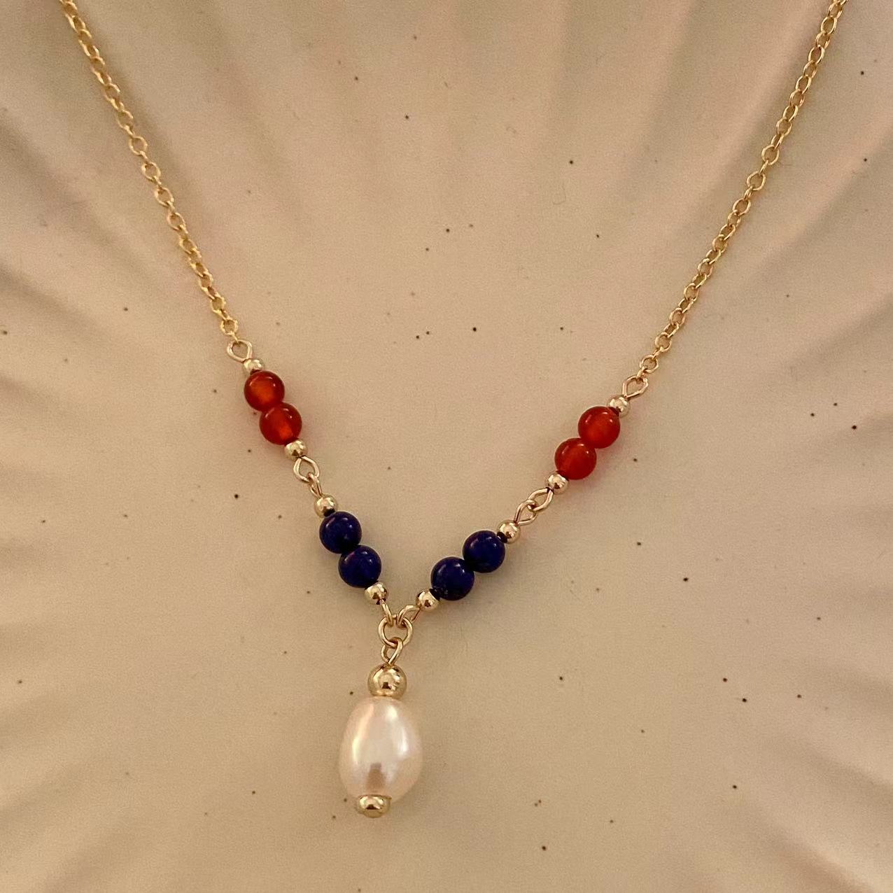 4th July - Lapis, Red Onyx, and 10mm Freshwater Pearl Gold Filled Necklace