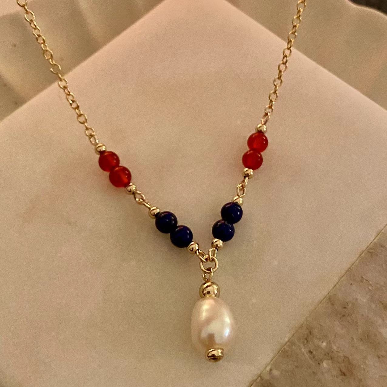 4th July - Lapis, Red Onyx, and 10mm Freshwater Pearl Gold Filled Necklace