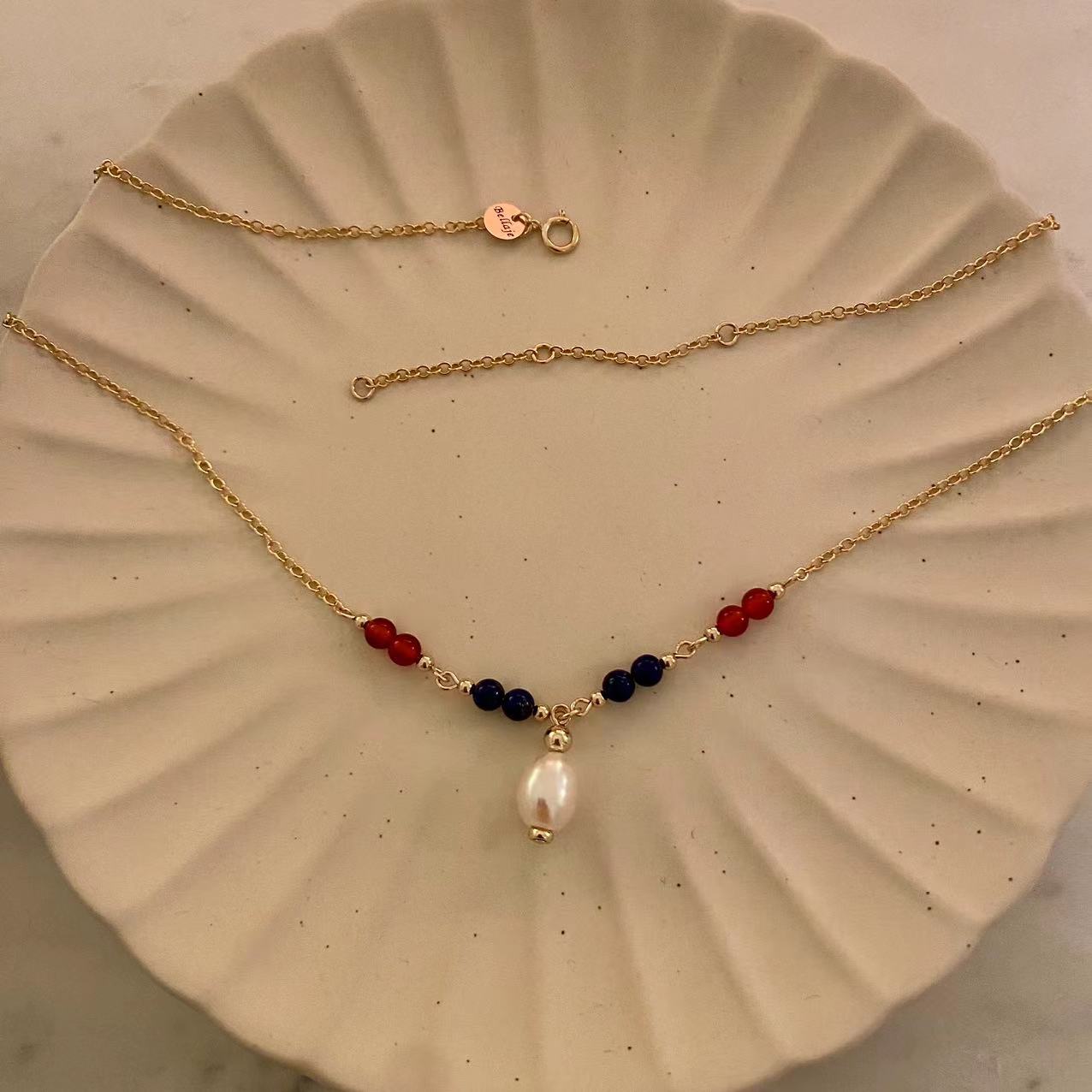 4th July - Lapis, Red Onyx, and 10mm Freshwater Pearl Gold Filled Necklace