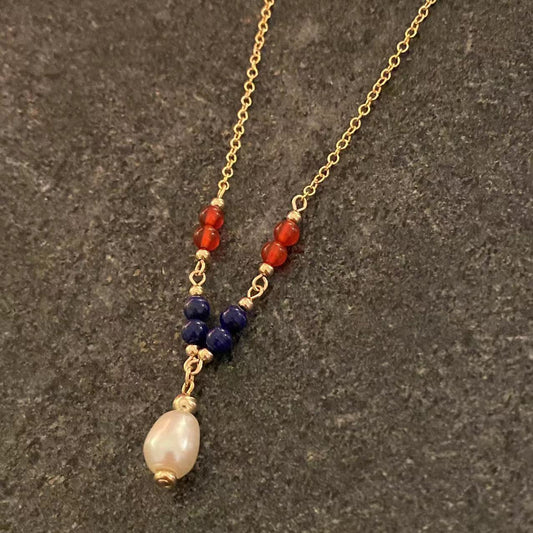 4th July - Lapis, Red Onyx, and 10mm Freshwater Pearl Gold Filled Necklace