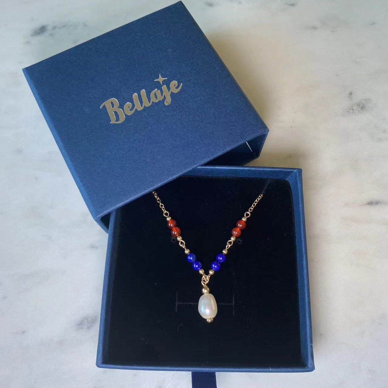 4th July - Lapis, Red Onyx, and 10mm Freshwater Pearl Gold Filled Necklace