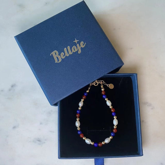 4th July - Lapis, Red Onyx, and 6mm Freshwater Pearl Beaded Gold Filled Bracelet