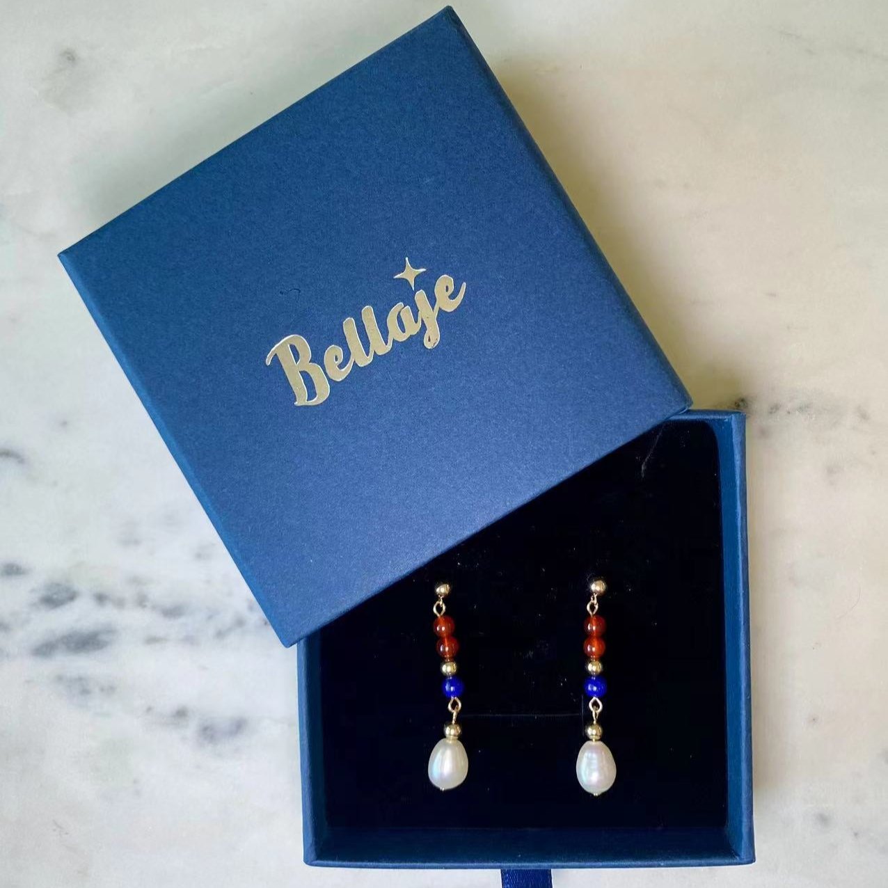 4th July - Lapis, Red Onyx, and 10mm Freshwater Pearl Gold Filled Earrings