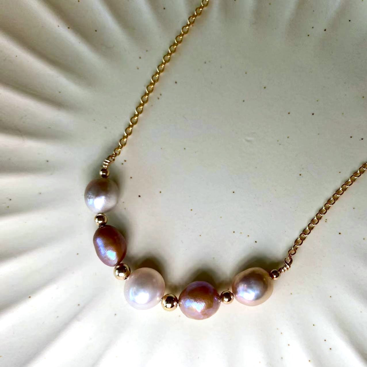 Romance - Pink and Cream Baroque Pearl Smile Gold Filled Necklace