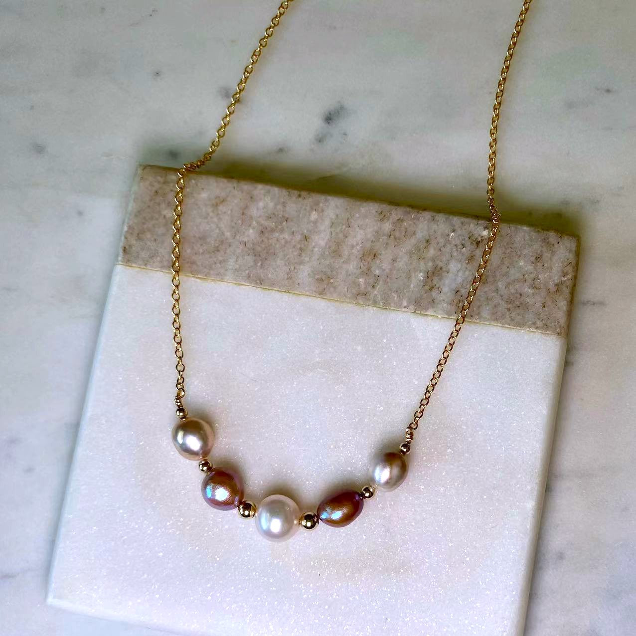 Romance - Pink and Cream Baroque Pearl Smile Gold Filled Necklace