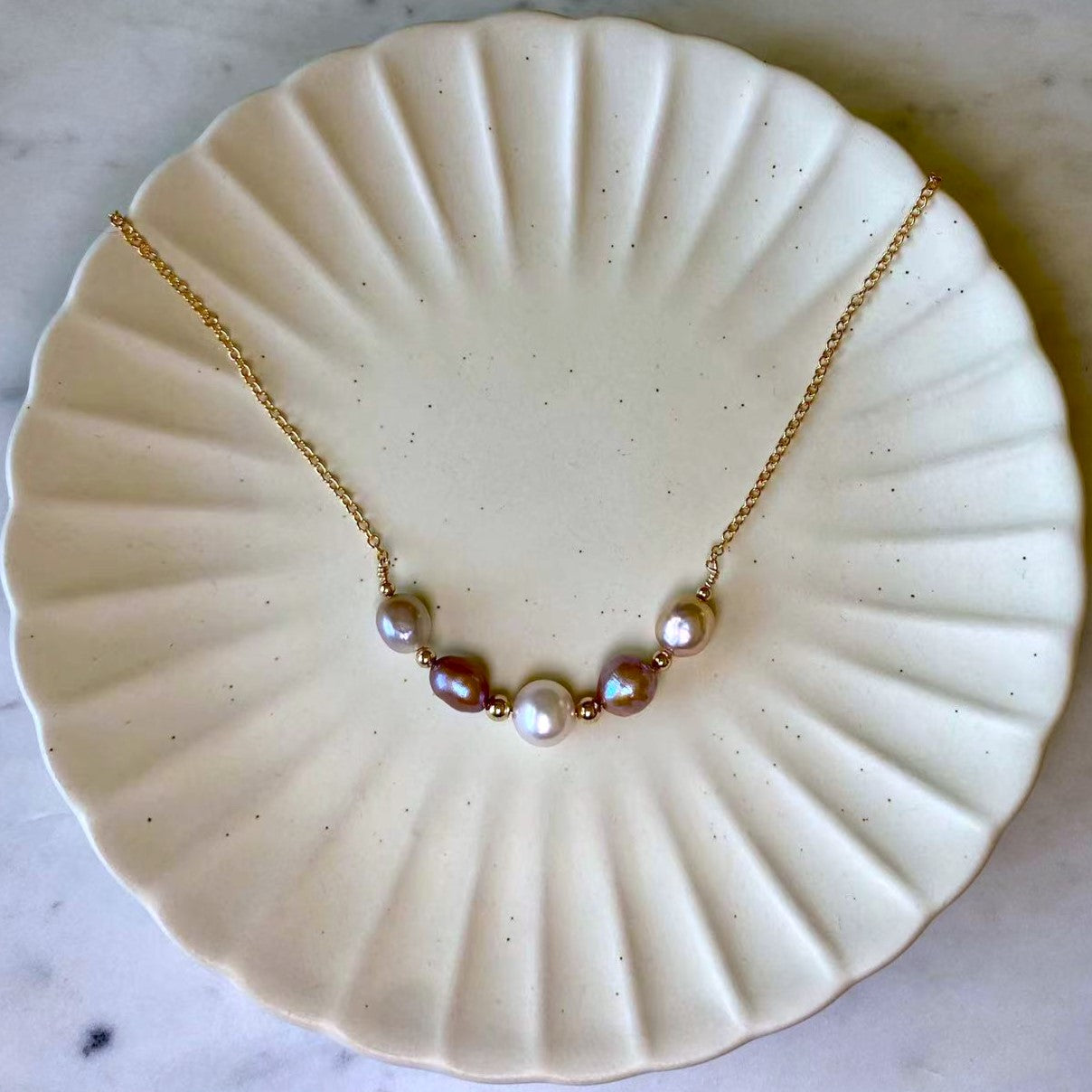 Romance - Pink and Cream Baroque Pearl Smile Gold Filled Necklace