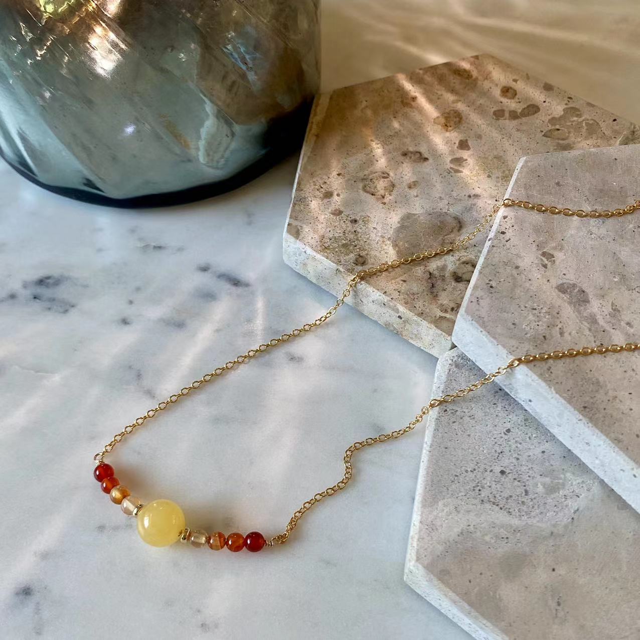 Jade - Golden Sunshine Yellow Jade and Onyx 14K Gold Filled Necklace