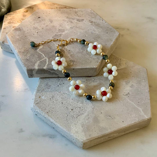 Daisy - Mother of Pearl, Tiger's Eye, and Red Onyx Gold Filled Beaded Bracelet