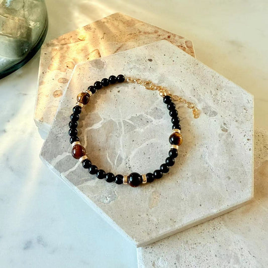 Prosperity - Black Onyx and Tiger's Eye Gold-Filled Beaded Bracelet