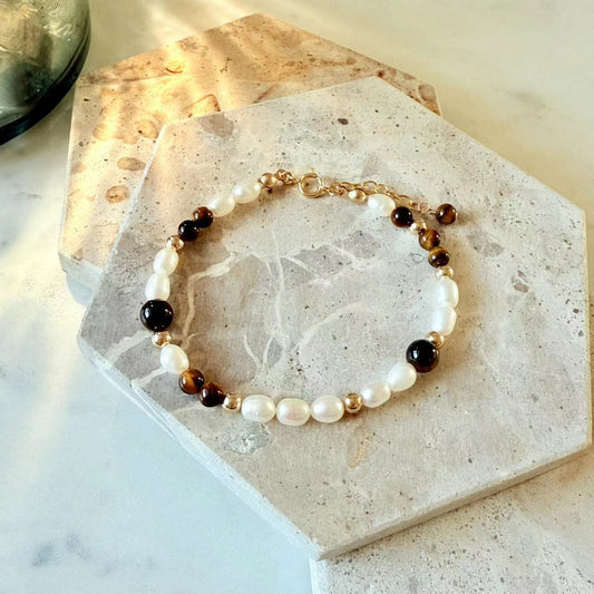 Prosperity - Tiger's Eye and Freshwater Pearl Gold-Filled Beaded Bracelet